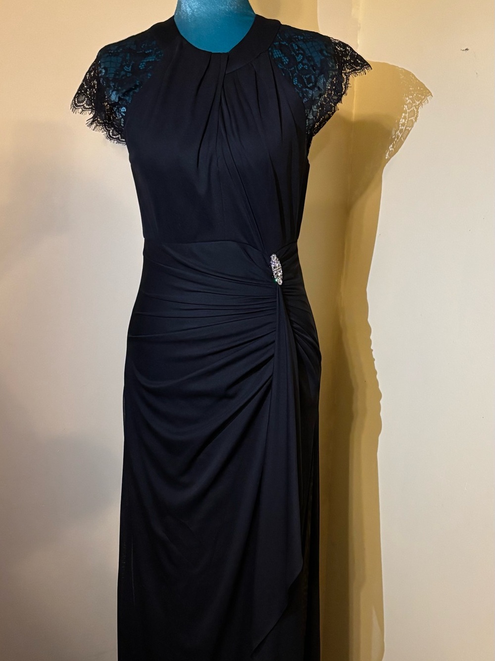 Black Lace-Cap Evening Gown with Side Brooch